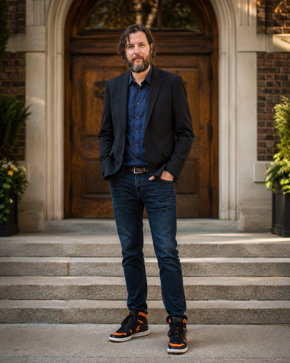 Blaze Farkas, English & IELTS tutor, standing outside a school entrance